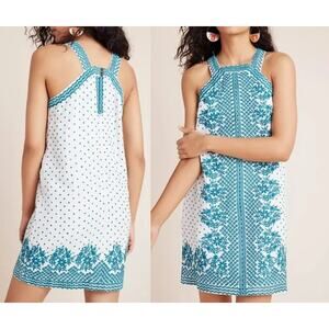 Maeve Anthropologie Natalie Embroidered Shift Dress Aqua 8P Dots Boho Feminine
